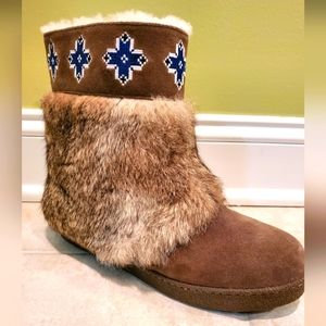 Tory Burch Lafayette Embroidered Real Fur Suede Booties Size 8